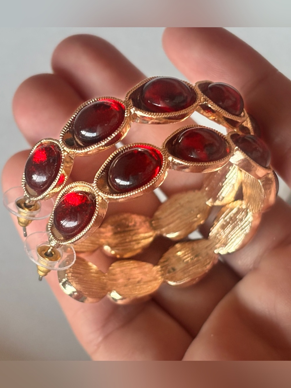 Gold hoop Red gem earring